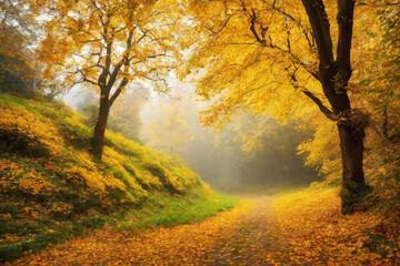 Autumn forest landscape, orange golden foliage, fall wallpaper
