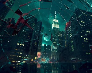 Fractured Cityscape Through Distorted Skyscrapers in Atmosphere