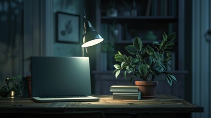 A laptop is on a desk with a lamp and a potted plant