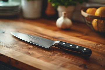 Close-up of a shiny kitchen knife lying on a wooden countertop