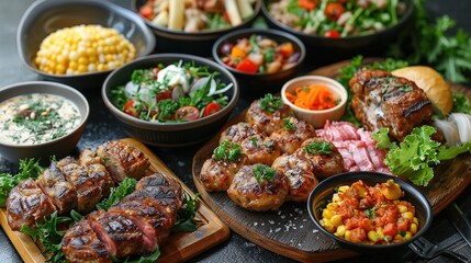 Obraz premium A table full of food, including meat, vegetables, and salad