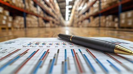 A black pen rests on a paper spreadsheet with colored charts in front of a blurred warehouse background