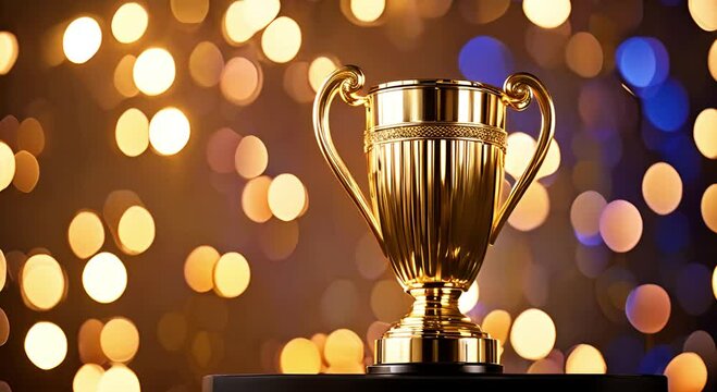 Golden trophy on dark background with festive lights and free space for text. Luxurious golden cup trophy, symbol of top achievement, competition, victory, win. Elegant award trophy with bokeh lights