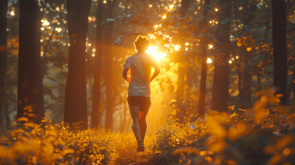 Young, adult man running in forest on natural trail in sunny summer day. Daily active lifestyle. Back view