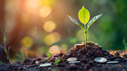 A plant emerging from a stack of coins, representing investment growth, set against a transparent background