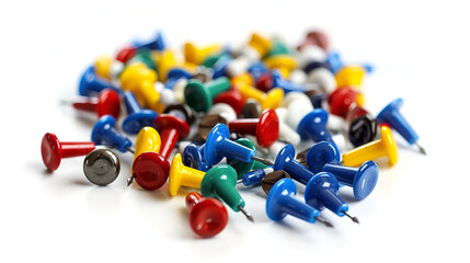 Group of thumbtacks pinned on white background ,colorful bulletin board needles ,Thumbtacks on the table in natural light