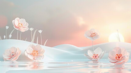 3D background with pastel colors, flowers and hills on the water surface