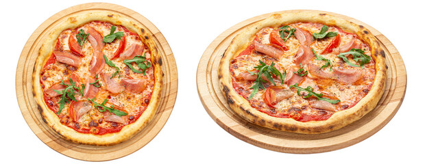 Pizza with ham and arugula, isolated on white background. Prosciutto crudo. Eating food. File contains clipping path.