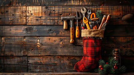 Christmas stocking filled with tools on a rustic wooden background