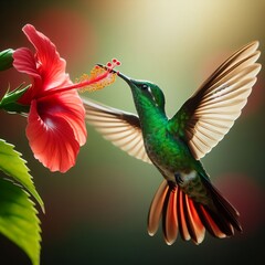 Obraz premium Captivating image of a hummingbird hovering mid-air while feeding on a vibrant red hibiscus flower. The bright colors and dynamic motion capture the essence of nature's beauty and elegance.. AI