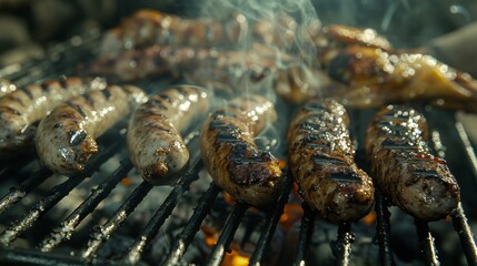 BBQ Grill: A close-up of a flavorful smoke as sausages and chicken wings cook, capturing the essence of a smoky BBQ session. 