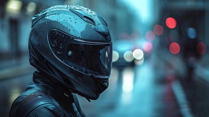 Fototapeta premium Motorcycle helmet in a neon-lit city street