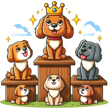 Top dog, English idiom. A dog with a crown on a higher platform than other dogs.