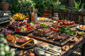 A table is set with a variety of food, including meat, vegetables, and fruit, barbecue grill, bbq background.