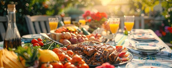 A table with a variety of food and drinks, including a bottle of wine, barbecue grill, bbq background.