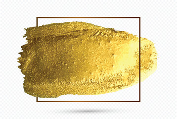 Gold paint strokes. Golden paint smear glittering texture. Abstract gold glittering textured illustration design element for invitation, wedding, card template. Brush strokes of gold isolated