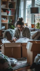 Fototapeta premium Woman Opening a Cardboard Box Filled with Bubble Wrap and Packing Materials in a Cozy Home Setting