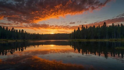 Fototapeta premium A vivid sunset over a tranquil lake nestled among towering pine forests ai_generated