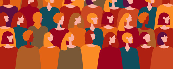 side view female characters of various nationalities. community diverse cultural side view people standing together.