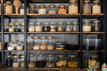 Fototapeta premium Stylish and Organized Pantry with Clear Glass Jars of Various Dry Goods on White Shelving for a Clean and Functional Kitchen Storage Solution