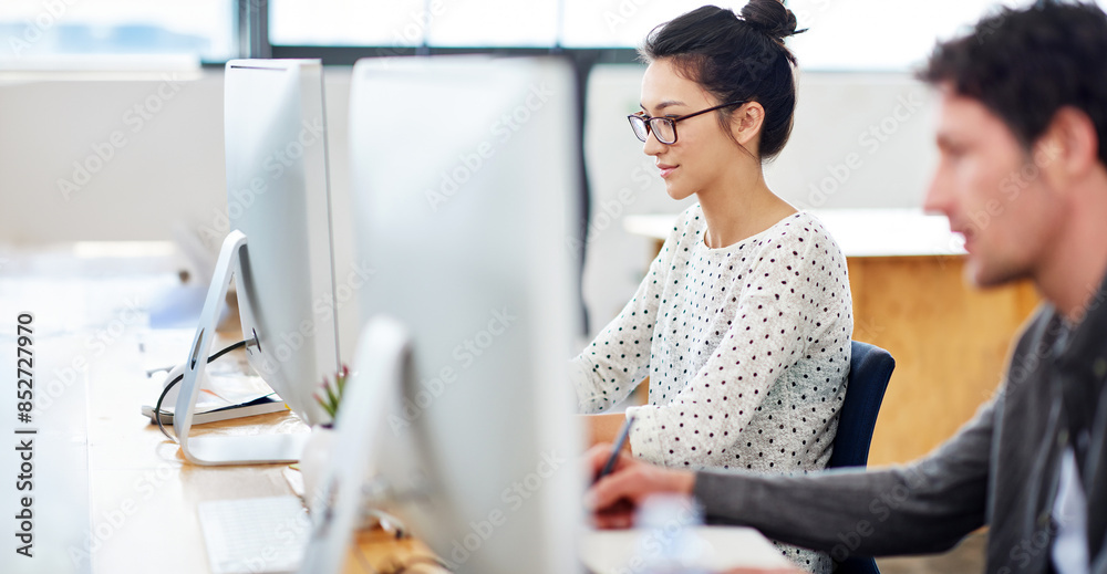 Poster woman, man and creative agency in office with computer for internet, planning and web design. people