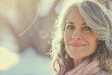 Obraz premium Soft Sunlit Portrait of a Graceful Woman with Grey Silver Hair and Warm Smile