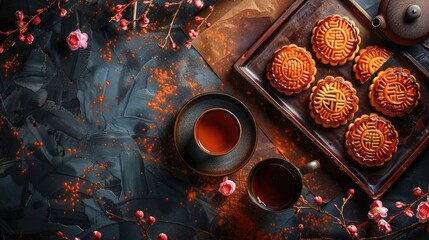 Chinese moon cakes oriental cuisine and Chinese tea for the celebration of the Mid Autumn Festival