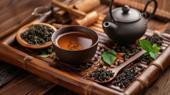 A rustic setting with a cup of oolong tea, a teapot, and traditional Chinese tea utensils on a wooden tray