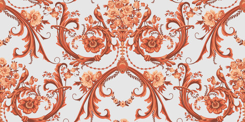 Baroque seamless pattern with bouquet of roses and peonies, floral motif and peacocks © Maria