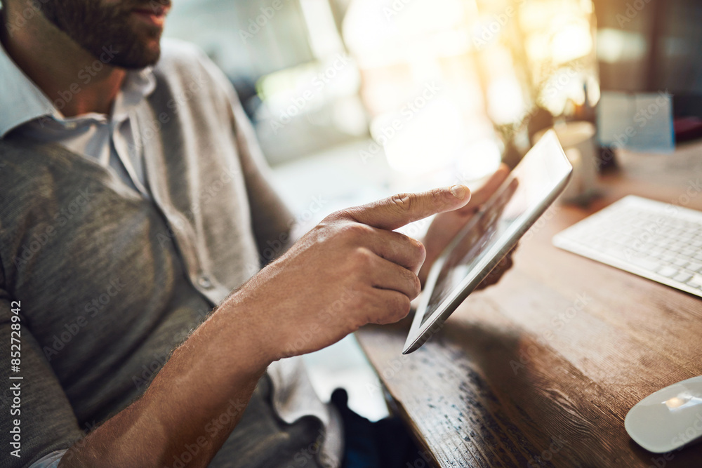Poster Tablet, scroll and hands of man at desk with research, connectivity and networking at tech startup. Website, online communication and professional businessman in office with digital app for planning