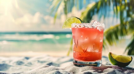 Obraz premium A vibrant margarita cocktail with a salted rim and a lime wedge, set against a sunny beach backdrop, perfect for a tropical escape