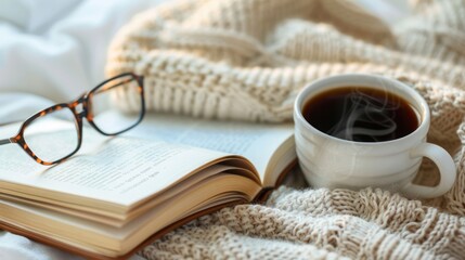 A warm cup of black coffee next to an open book and a pair of reading glasses, perfect for a quiet morning