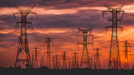 Electric towers lined up against a sunset