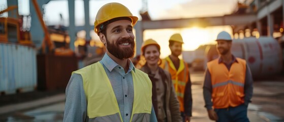 A project manager smiling, guiding the team across the bustling construction site with confidence and camaraderie