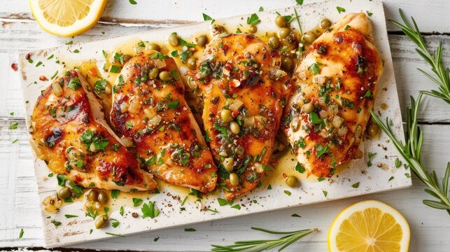 Tasty chicken piccata displayed on a white wooden surface from above