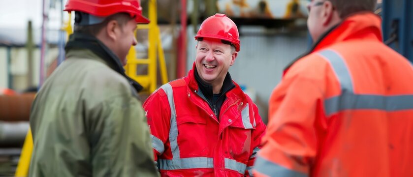 A project manager smiling, guiding the team across the bustling construction site with confidence and camaraderie