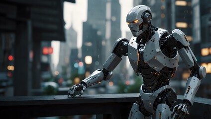 Fototapeta premium A story about a sentient robot grappling with ethical dilemmas in a futuristic city ai_generated