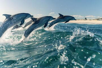 A group of playful dolphins leaping joyfully over crystal-clear breaking waves, the sunlight glistening off their sleek, wet bodies, with a vivid blue ocean backdrop and a cloudless sky.