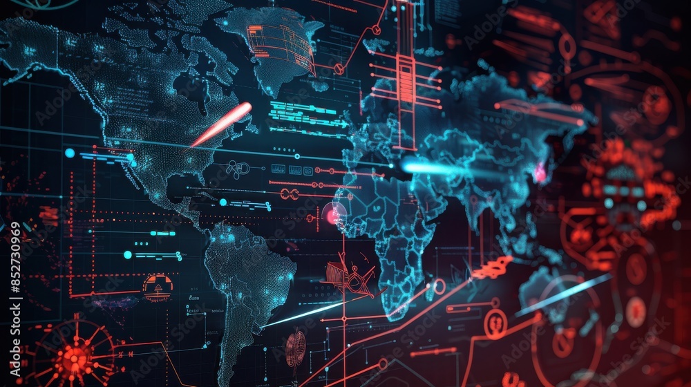 Poster a computer screen shows a map of the world with a red line on it. the map is filled with various sym