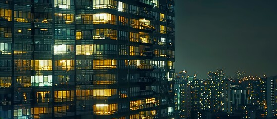 Obraz premium High-rise building featuring modern architecture, glass facade, and blue sky backdrop in a busy urban area