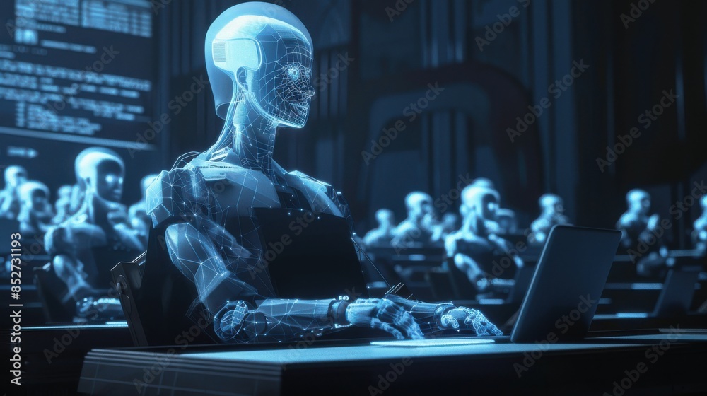 Aufkleber A robot is sitting at a desk with a laptop in front of it. The robot is surrounded by other robots, all of which are also using laptops. The scene is futuristic and technological