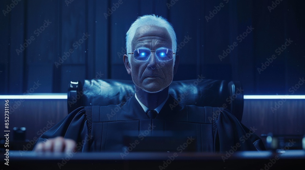 Poster A man in a black robe with blue glasses is sitting in front of a computer monitor. The image is a computer generated image of a judge
