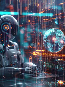 concept of AI helping people, cooperation at work with modern futuristic background, ai generated