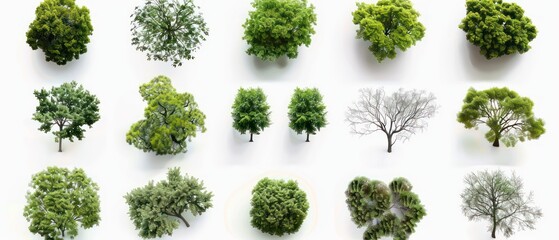 Aerial view of different trees, emphasizing their unique leaves and branches against a clean white backdrop