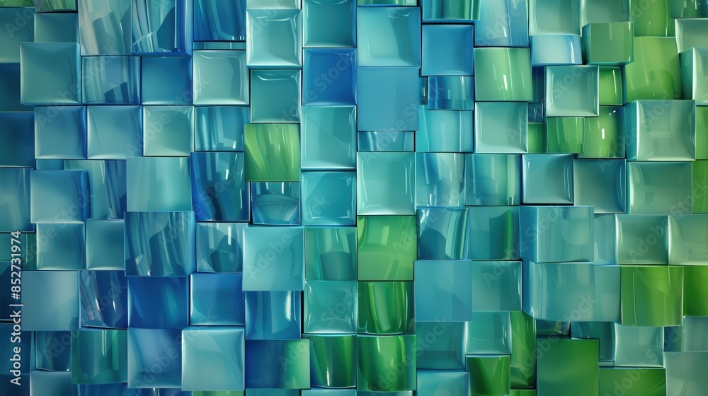 Aufkleber a wall made of blue and green squares. the squares are of different sizes and are arranged in a way 