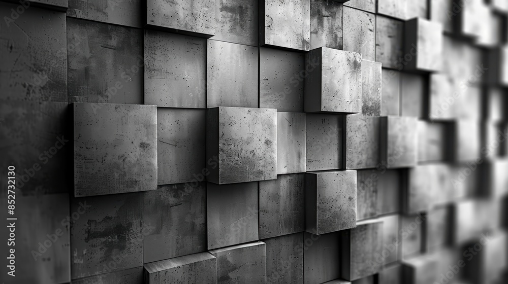 Fototapete A wall made of gray blocks with a gray background. The blocks are arranged in a way that creates a sense of depth and texture. Scene is somewhat somber and industrial, with the gray color palette