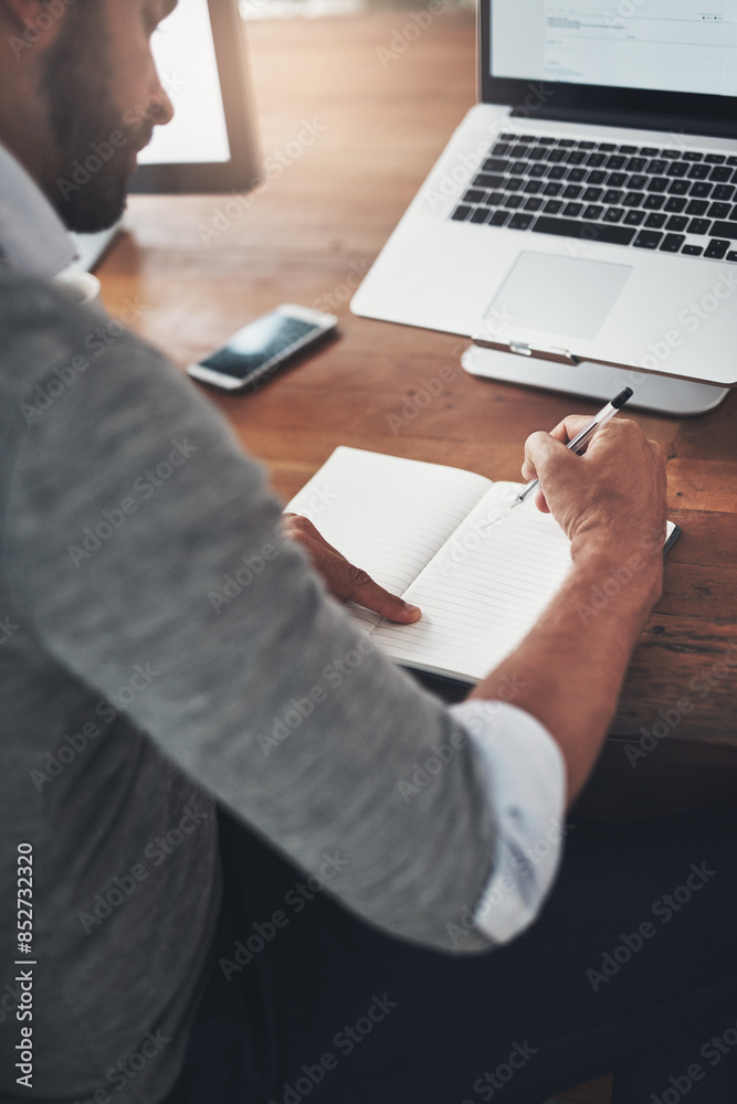Aufkleber man, writing and notebook in office for agenda, planning and schedule for list or research. male per