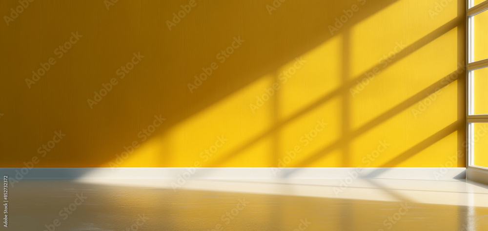 Poster 3D rendering of an abstract window light shadow on a yellow wall background, highlighting the interplay of light and color in a modern design.