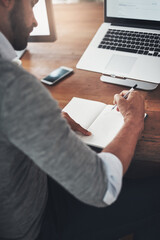 Man, writing and notebook in office for agenda, planning and schedule for list or research. Male person, journal and information on project or proposal, employee and ideas in diary for admin