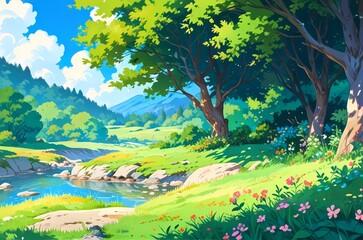 Fototapeta premium Lake landscape, grass field Anime style flat illustration, lo-fi background